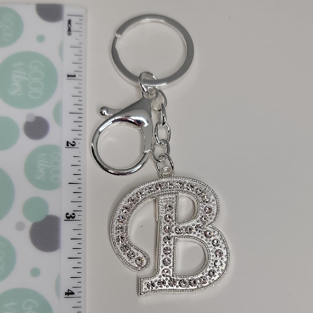 Letter B Initial B Alphabet B Rhinestone Silver Key Chain Bag Charm - Picture 3 of 6